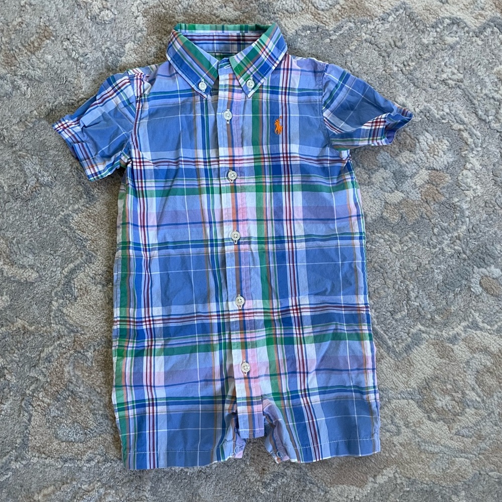 Polo by Ralph Lauren Blue Green Plaid Button-Up One-Piece, 9M